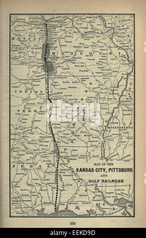 Eine Karte aus Poor’s Manual of Railroads, Ausgabe 1893, die die Kansas City, Pittsburg and Gulf Railroad darstellt. Diese Eisenbahnstrecke, die den Südwesten der USA bediente, war für den Güter- und Personenverkehr im späten 19. Jahrhundert von entscheidender Bedeutung. Stockfoto