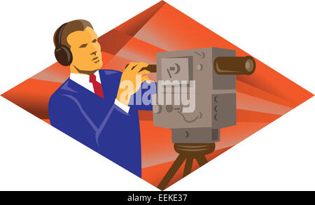 Abbildung eines Betreibers Kameramann mit Vintage Video Kamera in Rautenform getan im retro-Stil. Stockfoto