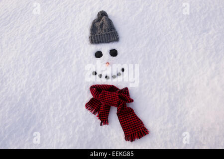 Lächelndes Gesicht glücklich Schneemann im Schnee Stockfoto