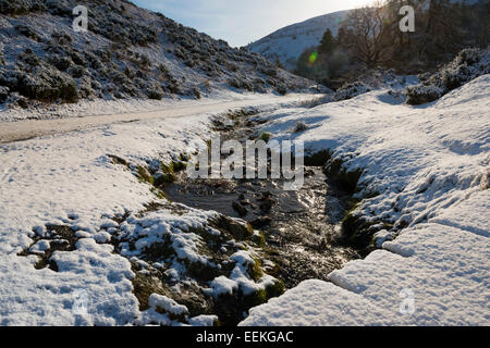 Ein Bach durch Carding Mill Valley, Kirche Stretton, Shropshire, England. Stockfoto