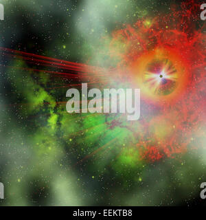 Ein Stern mit der Masse von mehr als 8 Sonnenmassen hat ein kurzes Leben und endet in einer Supernova-Explosion. Stockfoto