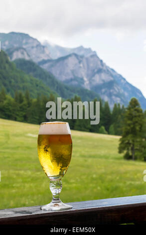 Glas kaltes Bier serviert, in den Bergen Stockfoto