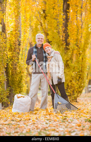 Ältere kaukasischen paar Rechen Herbst Blätter Stockfoto