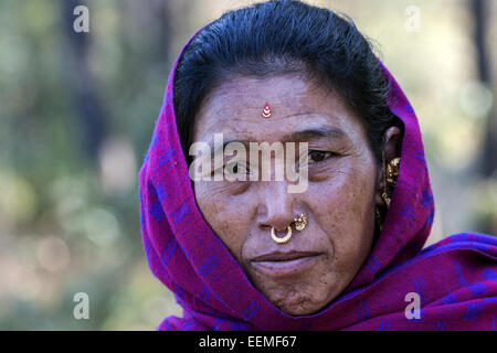 Nepalesische Frau mit Ohrringen und Nase piercing, Porträt, mit Nargakot, Nepal Stockfoto