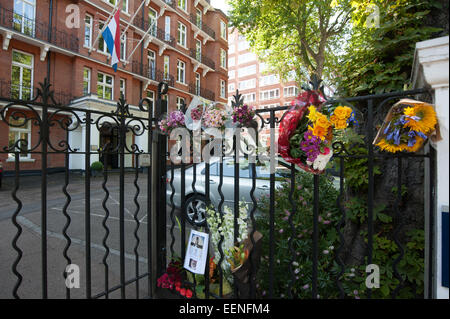 Floral Tribute am Eingang an die niederländische Botschaft in London bleiben einen Tag nach dem Abschuss eines Passagierflugzeuges Malaysian Airlines über die Ukraine, die eine große Anzahl niederländischer Staatsangehöriger durchgeführt.  Mitwirkende: Wo sehen: London, Vereinigtes Königreich bei: 18 Jul Stockfoto