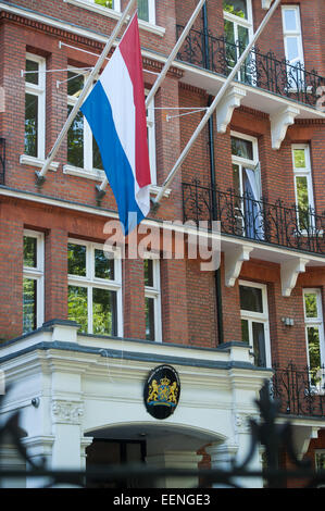 Floral Tribute am Eingang an die niederländische Botschaft in London bleiben einen Tag nach dem Abschuss eines Passagierflugzeuges Malaysian Airlines über die Ukraine, die eine große Anzahl niederländischer Staatsangehöriger durchgeführt.  Mitwirkende: Wo sehen: London, Vereinigtes Königreich bei: 18 Jul Stockfoto