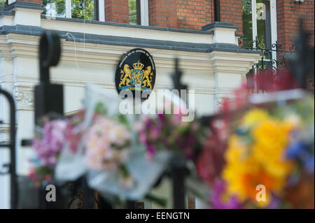 Floral Tribute am Eingang an die niederländische Botschaft in London bleiben einen Tag nach dem Abschuss eines Passagierflugzeuges Malaysian Airlines über die Ukraine, die eine große Anzahl niederländischer Staatsangehöriger durchgeführt.  Mitwirkende: Wo sehen: London, Vereinigtes Königreich bei: 18 Jul Stockfoto