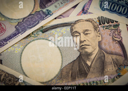Nahaufnahme von einem Haufen von japanischen Yen. Stockfoto
