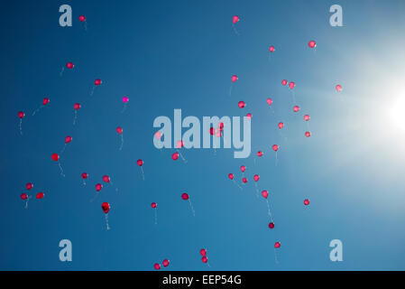 Ballons in den Himmel der Sonne entgegen schweben. Stockfoto