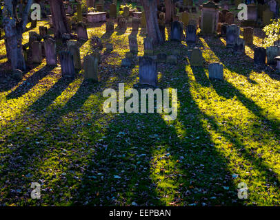 Blick auf die Altstadt Grabsteine auf dem Friedhof mit langen Schatten in der Nähe der Stadtmauer in Berwick nach Tweed Northumberland England UK Stockfoto