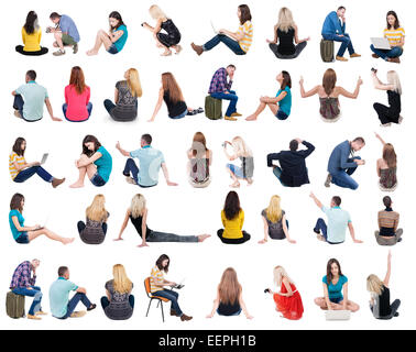 Kollektion Rückansicht des sitzenden Menschen.  .  Rückseite Blick auf Person.  Hintere Ansicht Menschen eingestellt. Isoliert auf weißem Hintergrund. Stockfoto