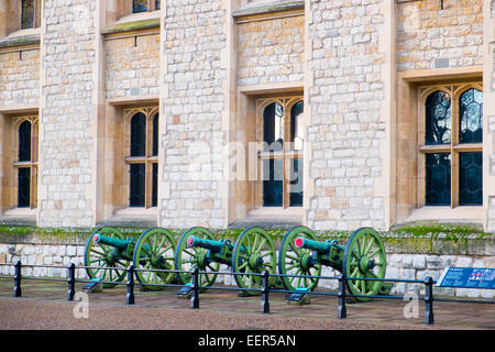 Tower of London, Kanonen aus der Schlacht von Waterloo vor den Waterloo Barracks im Tower, England, UK, 2015 Stockfoto