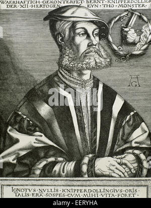 Bernhard Knipperdolling (ca. 1495-1536). Deutsche Führer der Wiedertäufer von Münster. Porträt. Kupferstich von Heinrich Aldegrever (1502-1555 und 1561). Stockfoto