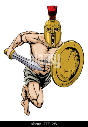 Ein Beispiel für ein Gladiator Krieger Charakter oder Sport-Maskottchen in einem Trojaner oder spartanischen Stil Helm mit einem Schwert und shiel Stockfoto