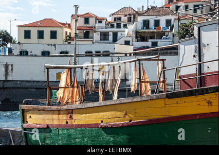 Reisen, Europa, Portugal, Madeira; Getrockneter Fisch, Stockfisch, Bacalhau Auf Einem Fischerboot Im Hafen von Camara de Lobos. Stockfoto