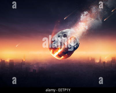 Stadt auf der Erde zerstört durch Meteorschauer - 3D Grafik-konzeptionelle globale Katastrophe Stockfoto