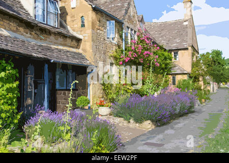 Ein Plakat Stil Darstellung der Lavendel wächst in den vorderen Garten von Cotswold Cottages, Broadway, Worcestershire, England, UK Stockfoto