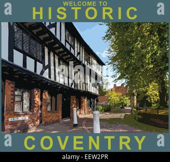 Ein Plakat Stil Darstellung der historischen 14. Jahrhundert Lychgate Cottages in Priorat Zeile, Coventry, Warwickshire, England, UK Stockfoto