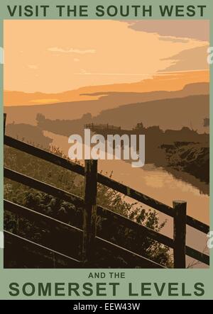 Ein Plakat Stil Interpretation der frühen Morgennebel auf den River Brue, Somerset Levels, Somerset, England, UK Stockfoto