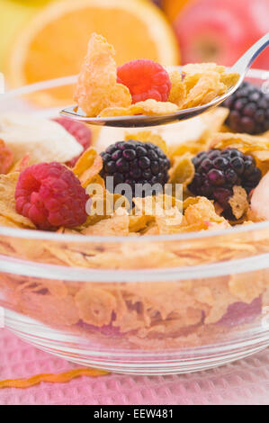 Schüssel mit Cornflakes mit Obst garniert Stockfoto