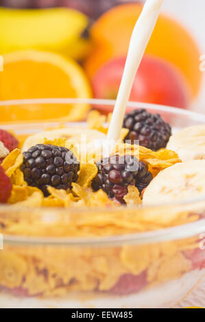 Schüssel mit Cornflakes mit Obst garniert Stockfoto