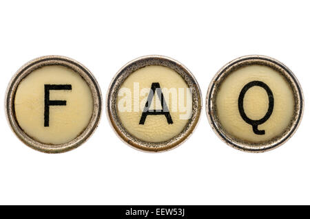 FAQ - häufig gestellte Fragen-Abkürzung in alte Runde Schreibmaschine Schlüssel isoliert auf weiss Stockfoto