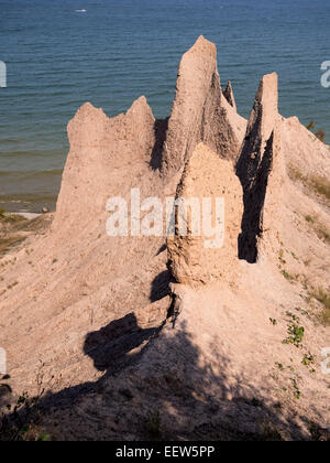 Clay Bluffs erodieren entlang der Ufer des Lake Ontariosees. Rosa Schornsteine von Spitzen Ton gebildet durch Erosion der Küste Stockfoto