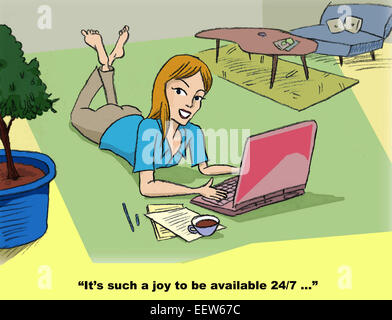 Karikatur von einer Geschäftsfrau zu Hause am Wochenende arbeiten und denken, sarkastisch was für eine Freude es ist 24/7 verfügbar sein. Stockfoto