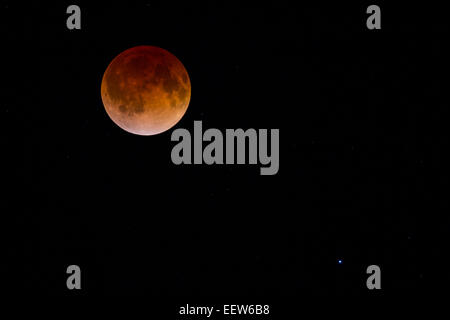 Red Blood Moon verursacht durch totale Mondfinsternis.  Viele sichtbare schwache Sterne.  Der helle Stern in der unteren rechten Ecke ist Spica. Stockfoto