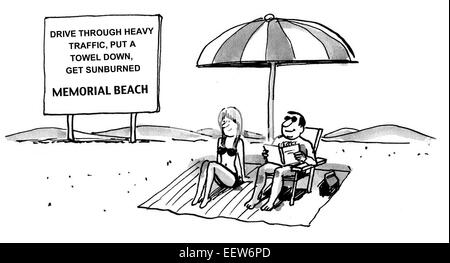 Karikatur von einem überarbeiteten Business-Ehepaar, das durch dichten Verkehr zu fahren, um ein freies Wochenende Arbeit am Strand haben zufrieden sind. Stockfoto
