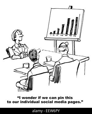 Cartoon von Geschäftsleuten mit Blick auf eine erfolgreiche Verkaufscharts und Frage mich, ob sie ihre social-Media-Seiten heften können. Stockfoto