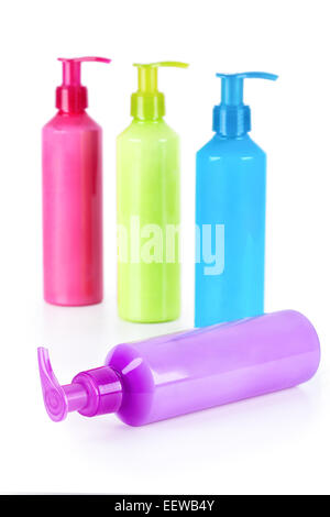 Mehrfarbige Neon-Lotion-Flaschen mit Dispenser-Pumpe Stockfoto