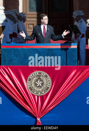 Vizegouverneur Dan Patrick gibt seiner Antrittsrede während der konstituierenden Zeremonien im Capitol in Austin Texas. Stockfoto