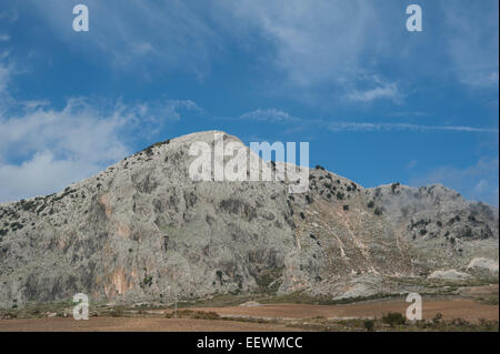 Blick auf die Sierra de Las Cabras in der Nähe von Villanueva De La Concepción, Provinz Malaga, Andalusien, Spanien. Stockfoto