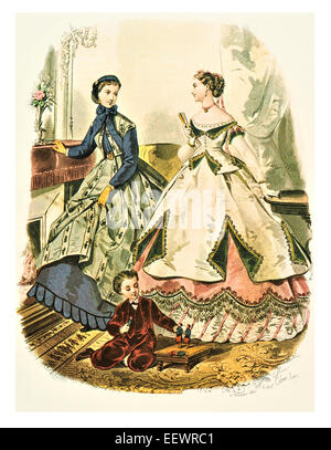 La Mode Illustree 1865 viktorianischen Kostümen Mode Kleid Kleid Kleider Rock Schleier Manschette Schnickschnack Musselin Cap Stickerei Stockfoto