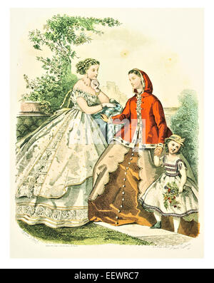 La Mode Illustree 1865 viktorianischen Kostümen Mode Kleid Kleid Kleider Rock Schleier Manschette Schnickschnack Musselin Cap Stickerei Stockfoto