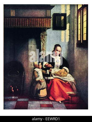 Frau Peeling Äpfel Pieter De Hooch 1629-1684 Holländisches goldenes Alter Maler Wallace Collection häusliche Szene Kamin Stickerei Stockfoto