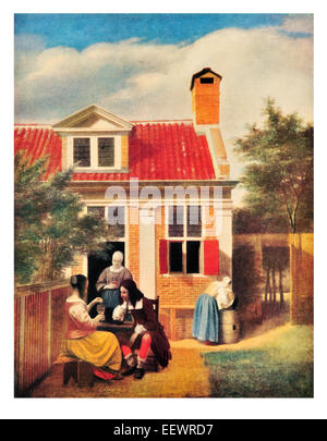 Court of Country House Pieter De Hooch 1629-1684 Holländisches goldenes Alter Maler häusliche Szene Garten im freien Mutter wohlhabenden Hause h Stockfoto