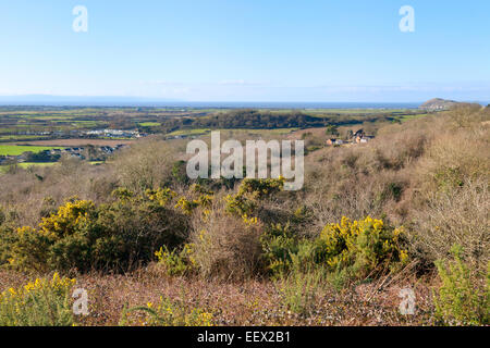 Somerset Landschaft - ein Blick auf das Meer von der Mendip Hills, Bleadon Dorf in der Nähe von Weston-Super-Mare, North Somerset UK Stockfoto