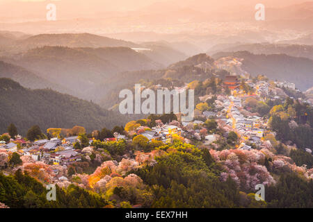 Yoshinoyama, Nara, Japan-Blick auf Stadt und Kirsche Bäume im Frühling. Stockfoto