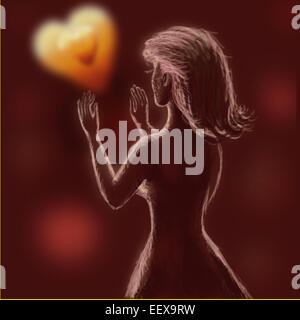 Frau und zwei Herzen. Die Frau träumt von Verbindung zweier Herzen.  Raster-Illustration für den Urlaub am 14. Februar St. Vale Stockfoto