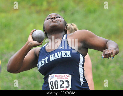 CT USA East Haven Schicksal Coward wirft das Kugelstoßen bei der State Open Track und Feld-Meisterschaft in Middletown High School. Stockfoto