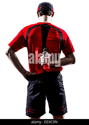 ein junger Mann Läufer Sportler trinken Energy-Drinks in der Silhouette isoliert auf weißem Hintergrund Stockfoto