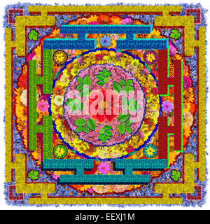 Buddhas Quadrat Mandala - spirituelle und rituelle Symbol im Buddhismus, hergestellt aus Sommerblumen. Isolierte abstrakte collage Stockfoto