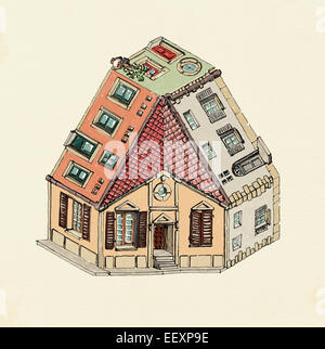 Drei Weise unmöglich Haus in Wasserfarben auf Papier Stockfoto