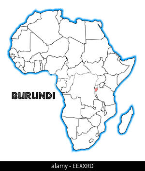 Burundi-Gliederung-Einschub in einer Karte von Afrika über einen weißen Hintergrund Stockfoto