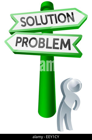 Ein Mann unter Berücksichtigung seiner Optionen betrachten ein Schild mit der Aufschrift Problem und Lösung Stockfoto