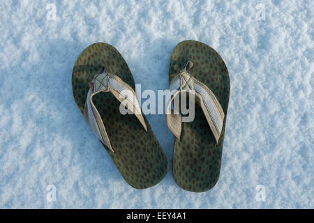 Flipflops im Schnee. Stockfoto