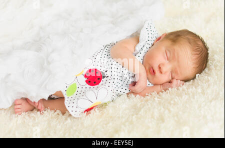 Neugeborenes Babymädchen schlafend auf Decke Stockfoto