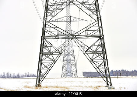 Ein horizontales Bild hydro Übertragungsleitung Türme überqueren einer Straße im nördlichen Alberta Kanada Stockfoto